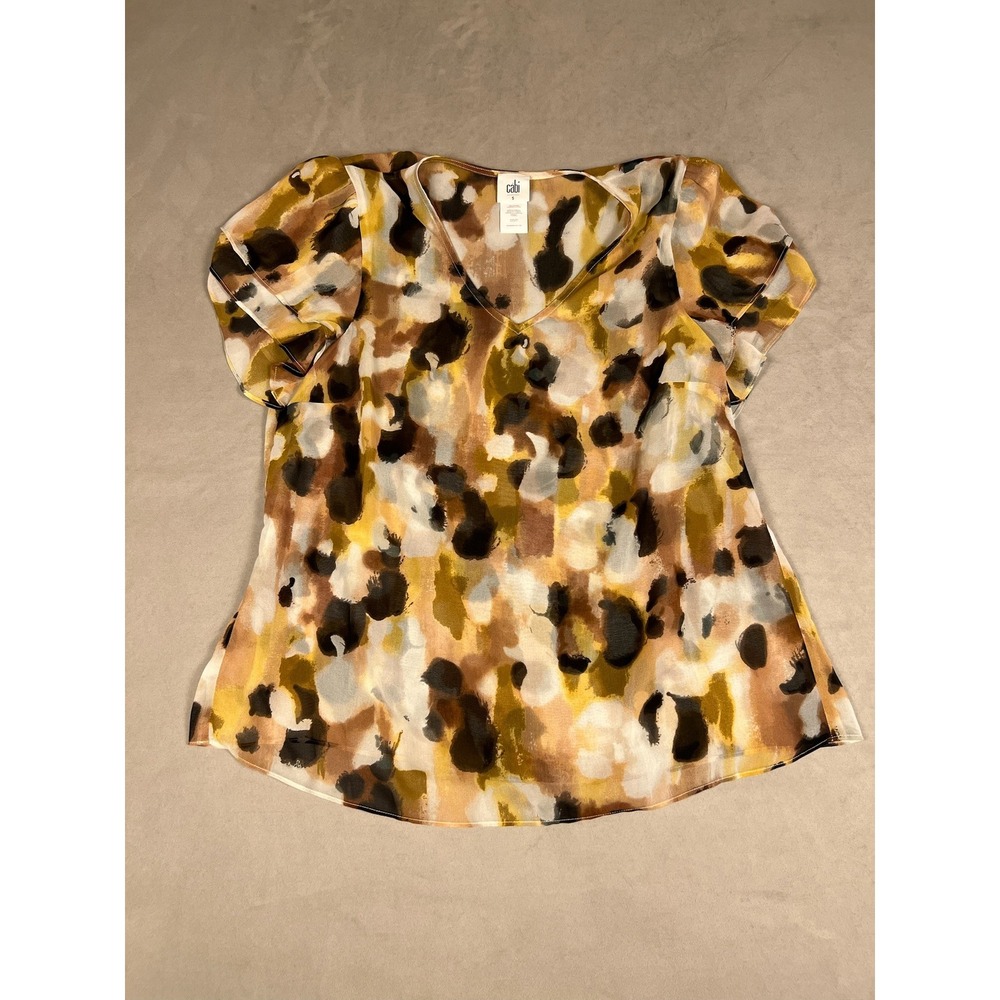 Cabi‎ 4344 Abstract Print V-Neck Chiffon Blouse Mustard Brown Short Sleeve Small